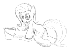 Size: 1024x663 | Tagged: safe, artist:drawponies, fluttershy, pegasus, pony, anatomically incorrect, bucket, cleaning, incorrect leg anatomy, monochrome, sketch, solo