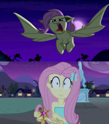 Size: 672x759 | Tagged: safe, edit, screencap, fluttershy, bat pony, bats!, equestria girls, equestria girls (movie), flutterbat, flutterbat attack, flying, human ponidox, moon, night, oh crap, race swap