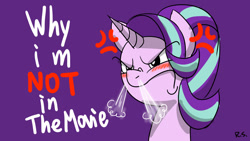 Size: 1600x900 | Tagged: safe, artist:richard-skip, starlight glimmer, pony, unicorn, my little pony: the movie, angry, cross-popping veins, female, frown, grammar error, mare, meme, no-showlight glimmer, simple background, snorting, solo, text, triggered