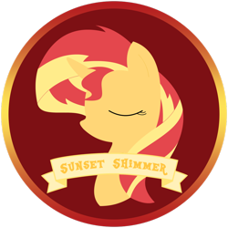 Size: 1024x1024 | Tagged: safe, artist:xxmaxterxx, sunset shimmer, pony, unicorn, button, female, mare, old banner, solo