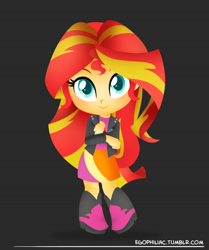 Size: 790x946 | Tagged: safe, artist:egophiliac, part of a series, part of a set, sunset shimmer, equestria girls, chibi, cute, looking at you, shimmerbetes, smiling, solo