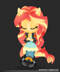 Size: 790x946 | Tagged: safe, artist:egophiliac, part of a series, part of a set, sunset shimmer, equestria girls, chibi, cute, eyes closed, ponied up, shimmerbetes, smiling, solo