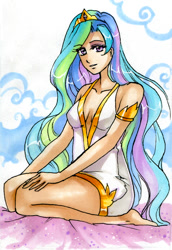 Size: 941x1370 | Tagged: safe, artist:rikeza, princess celestia, human, cleavage, female, humanized, solo