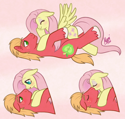 Size: 890x850 | Tagged: safe, artist:marindashy, big macintosh, fluttershy, earth pony, pegasus, pony, :o, bedroom eyes, blushing, cuddling, cute, eye contact, eyes closed, eyeshadow, fluttermac, kissing, male, on back, open mouth, prone, shipping, shyabetes, simple background, smiling, snuggling, spread wings, stallion, straight