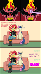 Size: 917x1644 | Tagged: safe, artist:hellarmy, bon bon, sunset satan, sunset shimmer, sweetie drops, twilight sparkle, earth pony, pony, equestria girls, abuse, anticlimactic, anticlimax, comic, female, implied lyra, mare, ms paint, punch, shimmerbuse, sofa, vulgar, wip