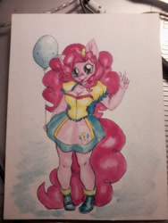 Size: 1200x1600 | Tagged: safe, artist:usagikoneko-chan, pinkie pie, anthro, balloon, solo, tongue out, traditional art