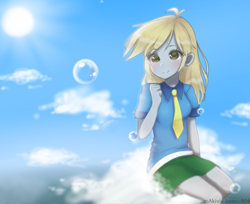 Size: 1666x1360 | Tagged: safe, artist:akivia-jones-404, derpy hooves, equestria girls, bubble, clothes, cloud, cloudy, on a cloud, sitting, sitting on cloud, sky, solo, sun
