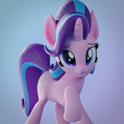Size: 1500x1500 | Tagged: safe, artist:galawaille, starlight glimmer, pony, unicorn, 3d, blender, cute, female, glimmerbetes, gradient background, happy, looking at you, mare, raised hoof, sheepish grin, simple background, smiling, smiling at you, solo