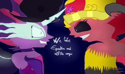 Size: 2220x1308 | Tagged: safe, midnight sparkle, sunset satan, sunset shimmer, twilight sparkle, equestria girls, equestria's monster girls, midnightsatan, simple background, solo, white background