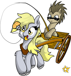 Size: 1024x1098 | Tagged: safe, artist:amberpendant, derpy hooves, doctor whooves, pegasus, pony, carrot on a stick, cart, female, fishing rod, mare, muffin, pulling, simple background, sunglasses, transparent background, unshorn fetlocks