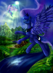 Size: 1699x2338 | Tagged: safe, artist:szopwmeloniku, princess celestia, princess luna, alicorn, pony, duo, flying