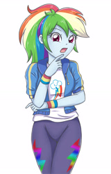 Size: 2078x3248 | Tagged: safe, artist:sumin6301, derpibooru import, rainbow dash, better together, equestria girls, alternate hairstyle, clothes, hoodie, looking at you, open mouth, pants, ponytail, simple background, solo, white background