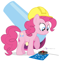 Size: 735x780 | Tagged: safe, artist:dm29, pinkie pie, earth pony, pony, blueprint, button, female, hard hat, hat, looking down, mare, party cannon, raised hoof, simple background, smiling, solo, transparent background
