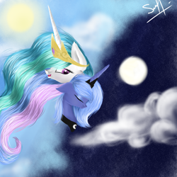 Size: 2000x2000 | Tagged: safe, artist:alicesmitt31, princess celestia, princess luna, alicorn, pony, cloud, cloudy, day, duality, eyes closed, floppy ears, moon, night, open mouth, s1 luna, sky, smiling, sun