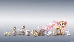 Size: 4098x2304 | Tagged: safe, artist:mlpanon, angel bunny, fluttershy, beaver, cat, duck, ferret, mallard, mouse, pegasus, pony, porcupine, squirrel, animal, bow, duckling, female, gray background, kitten, male, mare, simple background