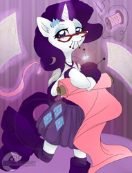 Size: 1280x1677 | Tagged: safe, artist:xxmoondropsxx, rarity, pony, semi-anthro, unicorn, equestria girls outfit, fabric, sewing, solo