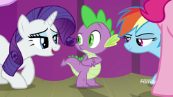 Size: 1920x1080 | Tagged: safe, screencap, pinkie pie, rainbow dash, rarity, spike, starlight glimmer, dragon, earth pony, pegasus, pony, unicorn, horse play, discovery family logo, out of context, raised eyebrow