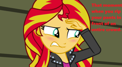 Size: 1280x714 | Tagged: safe, edit, edited screencap, screencap, sunset shimmer, equestria girls, rainbow rocks, blushing, embarrassed, gymnasium, implied wardrobe malfunction, solo