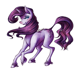 Size: 600x600 | Tagged: safe, artist:teallaquin, rarity, pony, unicorn, bedroom eyes, blushing, looking at you, raised hoof, smiling, solo, unshorn fetlocks