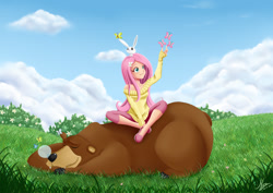 Size: 919x650 | Tagged: safe, artist:valinhya, angel bunny, fluttershy, harry, butterfly, human, animal, clothes, grass, humanized, light skin, off shoulder, snot bubble, sweater, sweatershy