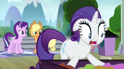 Size: 1920x1080 | Tagged: safe, screencap, applejack, rarity, starlight glimmer, earth pony, pony, unicorn, horse play, discovery family logo, freak out, freaking out, open mouth, teeth, tongue out, wide eyes