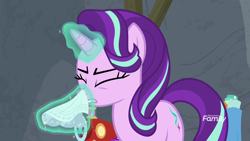 Size: 1920x1080 | Tagged: safe, screencap, starlight glimmer, pony, unicorn, horse play, discovery family logo, glowing horn, handkerchief, magic, nose blowing, telekinesis