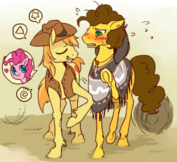 Size: 640x586 | Tagged: safe, artist:pasikon, braeburn, cheese sandwich, pinkie pie, earth pony, pony, pinkie pride, blushing, burned cheese, clothes, pictogram, speech bubble