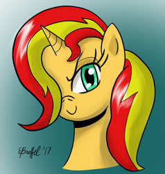 Size: 871x916 | Tagged: safe, artist:cartoon-eric, sunset shimmer, pony, unicorn, bust, female, hair over one eye, looking at you, mare, smiling, solo