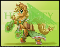 Size: 900x704 | Tagged: safe, artist:inuhoshi-to-darkpen, applejack, earth pony, pony, armor, artificial wings, augmented, clothes, magic, magic wings, magical girl lyrical nanoha, rearing, solo, wings