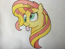 Size: 3264x2448 | Tagged: safe, artist:sweetie-bot3000, sunset shimmer, pony, unicorn, cute, derp, female, mare, shimmerbetes, silly, silly pony, solo, tongue out, traditional art