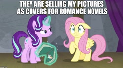 Size: 888x499 | Tagged: safe, edit, edited screencap, screencap, fluttershy, starlight glimmer, pegasus, pony, unicorn, horse play, duo, female, image macro, magic, mare, meme, raised hoof, script, shocked, telekinesis, wide eyes