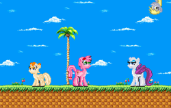 Size: 472x299 | Tagged: safe, artist:ailboredom, artist:akumath, derpy hooves, pegasus, pony, amy rose, cream the rabbit, crossover, female, green hill zone, mare, pixel art, ponified, rouge the bat, sonic the hedgehog (series), sprite