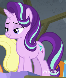 Size: 753x889 | Tagged: safe, screencap, applejack, starlight glimmer, earth pony, pony, unicorn, horse play, cropped, cute, discovery family logo, female, glimmerbetes, lidded eyes, mare, smiling, solo focus