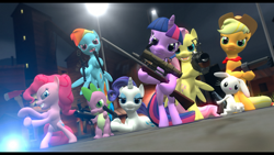 Size: 1920x1080 | Tagged: dead source, safe, artist:dakkiller, derpibooru import, angel bunny, applejack, fluttershy, pinkie pie, rainbow dash, rarity, spike, twilight sparkle, dragon, earth pony, pegasus, pony, unicorn, 3d, gmod, gun, mane seven, mane six