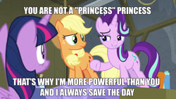 Size: 1920x1080 | Tagged: safe, edit, edited screencap, screencap, applejack, starlight glimmer, twilight sparkle, twilight sparkle (alicorn), alicorn, earth pony, pony, horse play, background pony strikes again, blatant lies, downvote bait, drama, image macro, meme, mouthpiece, op is a cuck, op is trying to start shit, starlight drama