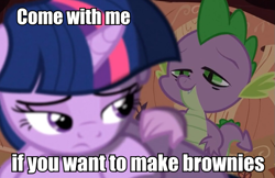 Size: 817x531 | Tagged: safe, derpibooru import, spike, twilight sparkle, dragon, magical mystery cure, brownies, image macro, stoner spike, terminator