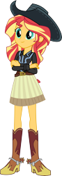 Size: 3000x8409 | Tagged: safe, artist:aqua-pony, sunset shimmer, better together, dance magic, equestria girls, five to nine, spoiler:eqg specials, absurd resolution, adorable face, beautiful, belt, boots, clothes, cowboy boots, cowboy hat, cowgirl, crossed arms, cute, female, hat, high heel boots, shimmerbetes, shoes, simple background, skirt, smiling, solo, spurs, standing, stetson, transparent background, vector, woman