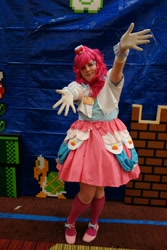 Size: 640x960 | Tagged: artist needed, safe, pinkie pie, human, 2012, akicon, clothes, convention, cosplay, dress, gala dress, gloves, irl, irl human, photo, solo, super mario bros.