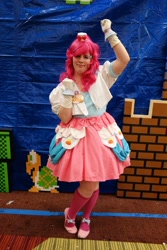 Size: 640x960 | Tagged: artist needed, safe, pinkie pie, human, 2012, akicon, clothes, convention, cosplay, dress, gala dress, gloves, irl, irl human, photo, solo, super mario bros.