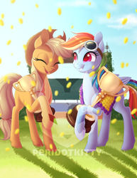 Size: 600x776 | Tagged: safe, artist:peridotkitty, derpibooru import, applejack, rainbow dash, earth pony, pegasus, pony, cowboy hat, duo, eyes closed, female, goggles, hat, mare, smiling, trophy, watermark