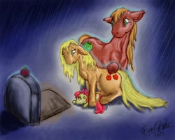 Size: 970x777 | Tagged: safe, artist:foxofwar, apple bloom, applejack, big macintosh, earth pony, pony, crying, grave, male, rain, stallion, unshorn fetlocks, wet mane