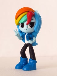 Size: 1000x1329 | Tagged: safe, artist:whatthehell!?, derpibooru import, rainbow dash, better together, equestria girls, clothes, doll, equestria girls minis, irl, jacket, pants, photo, shoes, shorts, smiley face, toy, ultra minis