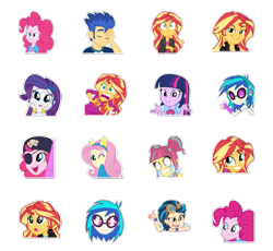 Size: 823x758 | Tagged: safe, artist:ambassad0r, dj pon-3, flash sentry, fluttershy, indigo zap, pinkie pie, rarity, sour sweet, sunset shimmer, twilight sparkle, vinyl scratch, equestria girls, clothes, pack, sticker