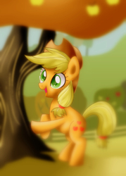 Size: 532x745 | Tagged: safe, artist:peppyfez, applejack, earth pony, pony, happy, rearing, solo, tree