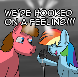 Size: 1814x1797 | Tagged: safe, artist:artiks, derpibooru import, rainbow dash, oc, oc:david hasselhoof, pegasus, pony, b.j. thomas, blue swede, disco ball, duo, hooked on a feeling, lyrics, microphone, singing, song reference, text