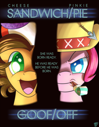 Size: 700x900 | Tagged: safe, artist:paradigmpizza, cheese sandwich, pinkie pie, earth pony, pony, pinkie pride, face/off, movie poster, parody, poster