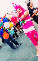 Size: 633x1024 | Tagged: safe, pinkie pie, human, balloon, cosplay, irl, irl human, partillery, party cannon, party launcher, photo