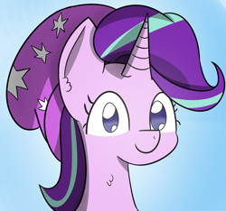 Size: 3371x3152 | Tagged: safe, artist:artiks, starlight glimmer, pony, unicorn, alternate hairstyle, beanie, blue background, bust, female, hat, looking at you, simple background, solo