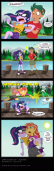 Size: 950x2993 | Tagged: safe, artist:niban-destikim, sci-twi, sunset shimmer, timber spruce, twilight sparkle, equestria girls, legend of everfree, bad pickup line, boots, clothes, comic, commission, converse, crouch, crouching, disproportionate retribution, ducking, falcon punch, female, jealous, lake, legs, lesbian, parody, possessive, punch, scene parody, scitwishimmer, shipping, shipping denied, shipping war, shoes, sneakers, socks, sunsetsparkle, timber spruce drama