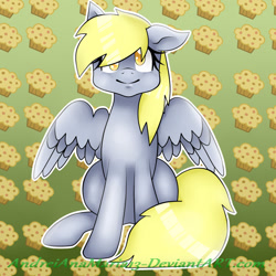 Size: 1024x1024 | Tagged: safe, artist:andreianamaria13, derpy hooves, pegasus, pony, female, mare, muffin, sitting, smiling, solo, spread wings